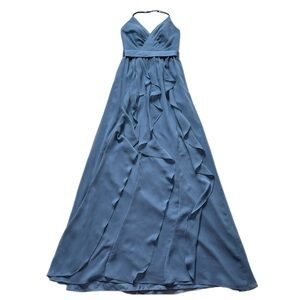 White by Vera Wang Pastel Steel Blue Cascade Ruffles Maxi Bridesmaids Dress 2